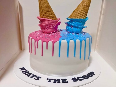 Vanilla sponge cake, layered with buttercream, decorated with chocolate drip and fondant icecream<br>Posted: April 29th, 2022.