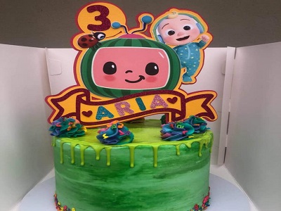 Coco melon cake. Chocolate mudcake layered with Oreo buttercream, finished with vanilla buttercream, sprinkles and drip. 
Topper made by Chocca Mummas<br>Posted: April 17th, 2022.