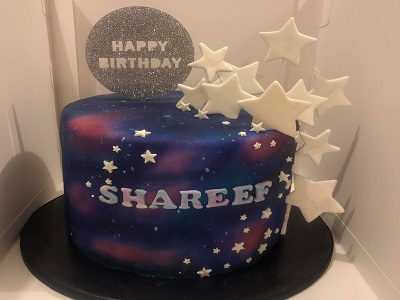 GALAXY CAKE - Sugar free chocolate and vanilla layered mud cake, covered in sugar free buttercream and airbrushed with a galaxy finish<br>Posted: October 14th, 2021.