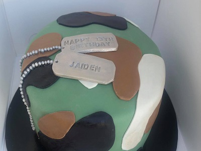 Vanilla sponge cake, layered with white chocolate ganache and covered in fondant.<br>Posted: May 7th, 2020.